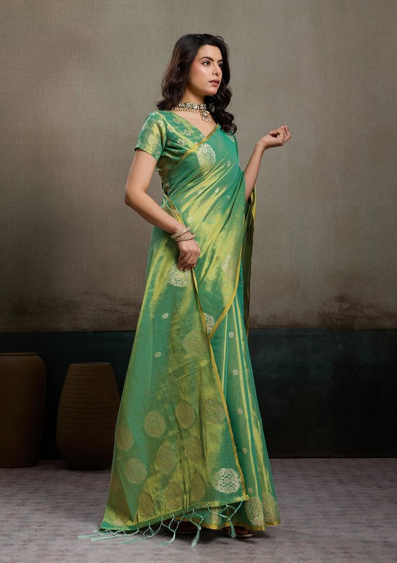 Sea Green Woven Zari Work Tissue Silk Saree Set - Indya