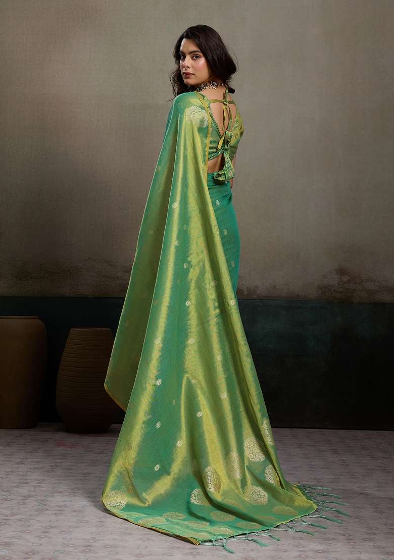 Sea Green Woven Zari Work Tissue Silk Blend Saree Set for Diwali and Festive Wear - Indya