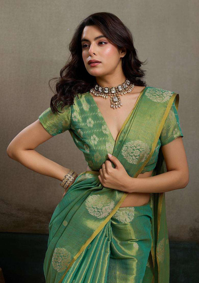 Sea Green Woven Zari Work Tissue Silk Saree Set - Indya