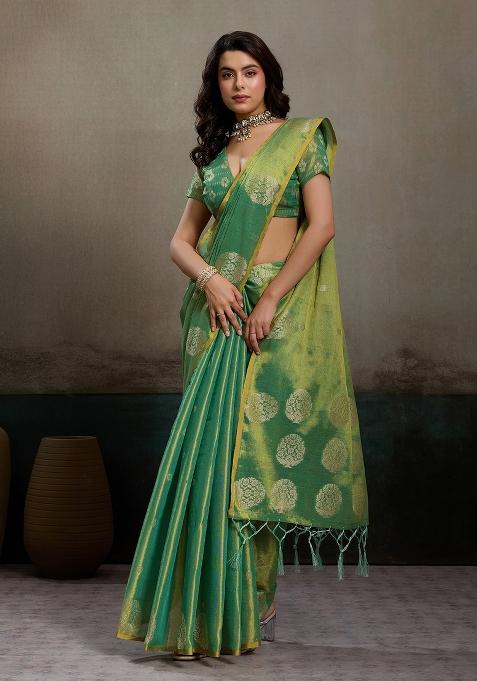 Sea Green Woven Zari Work Tissue Silk Saree Set — view on Indya