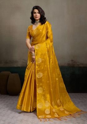 Mustard Woven Zari Work Tissue Silk Saree Set