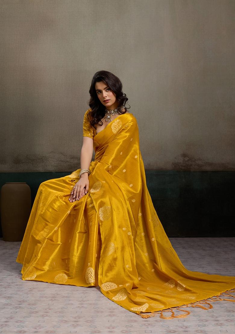 Mustard Woven Zari Work Tissue Silk Saree Set - Indya
