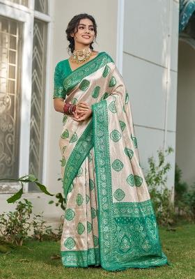 Beige And Turquoise Woven Zari Work Banarasi Silk Saree Set