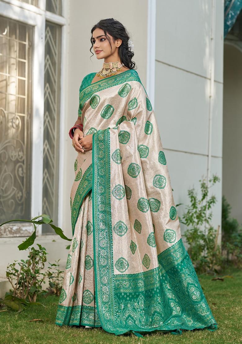 Beige And Turquoise Woven Zari Work Banarasi Silk Saree Set - Indya