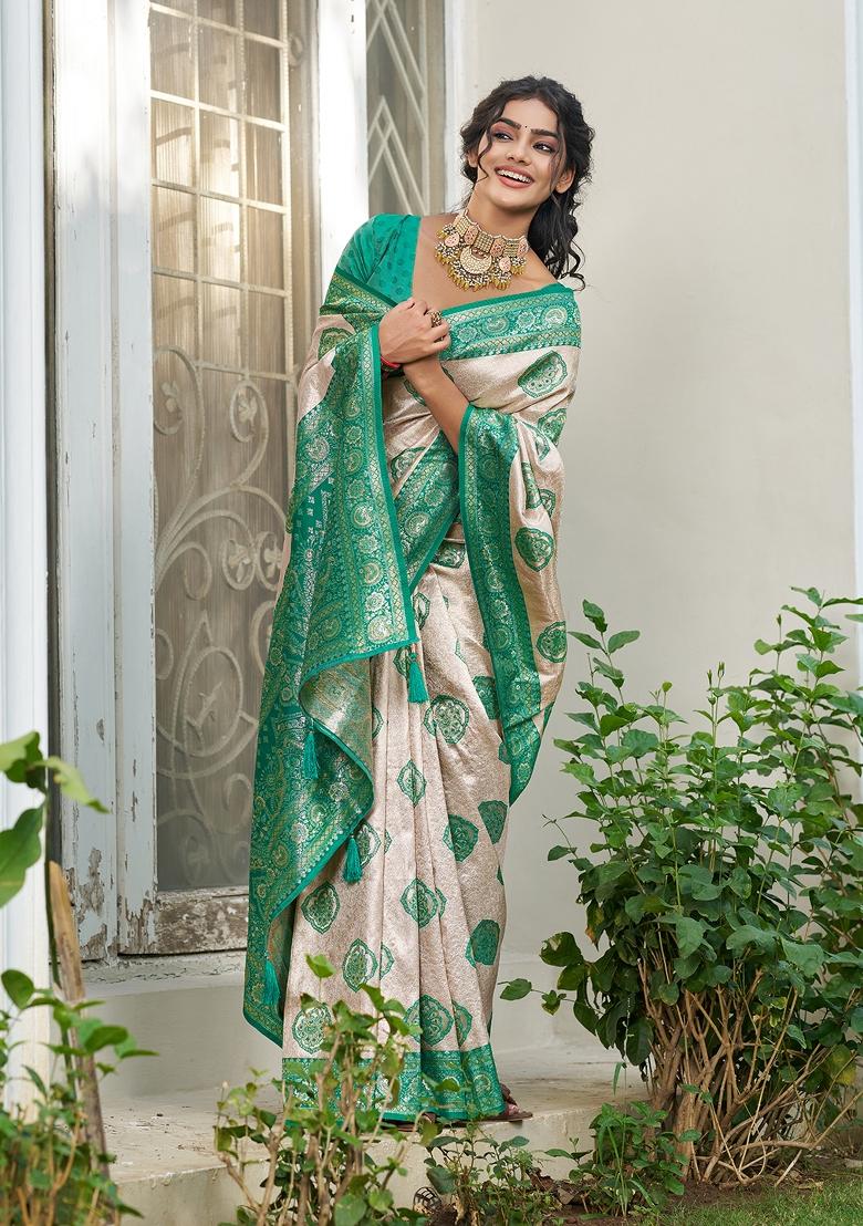 Beige And Turquoise Woven Zari Work Banarasi Silk Saree Set - Indya