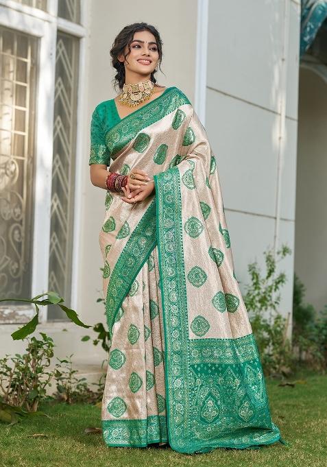 Beige And Turquoise Woven Zari Work Banarasi Silk Blend Saree Set