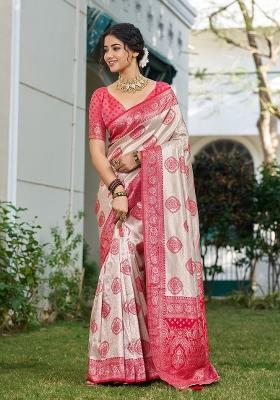 Beige And Red Woven Zari Work Banarasi Silk Saree Set