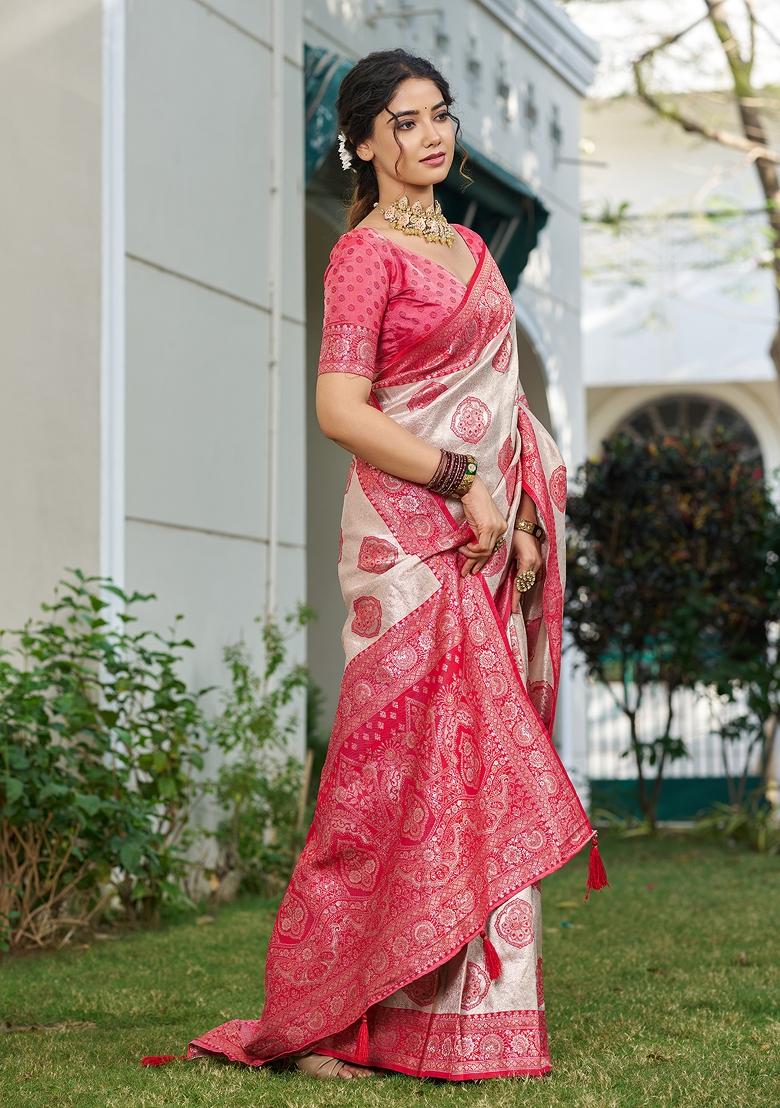 Beige And Red Woven Zari Work Banarasi Silk Saree Set - Indya