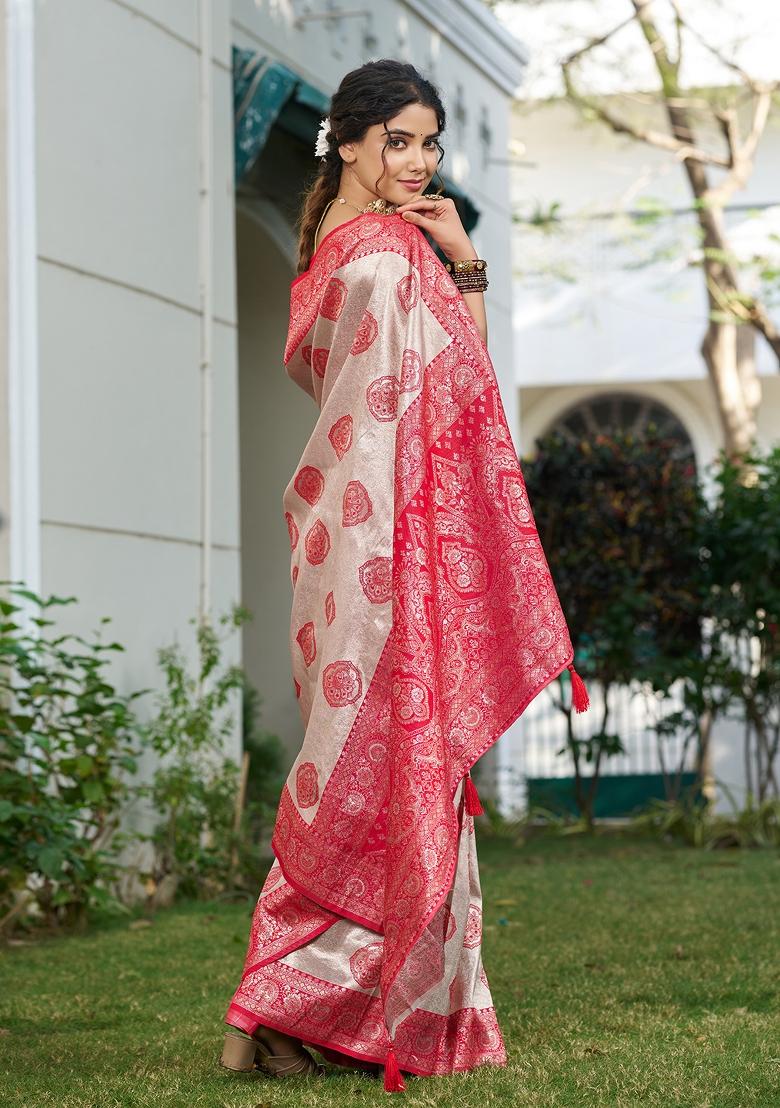 Beige And Red Woven Zari Work Banarasi Silk Saree Set - Indya