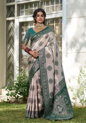 Beige And Dark Green Woven Zari Work Banarasi Silk Saree Set
