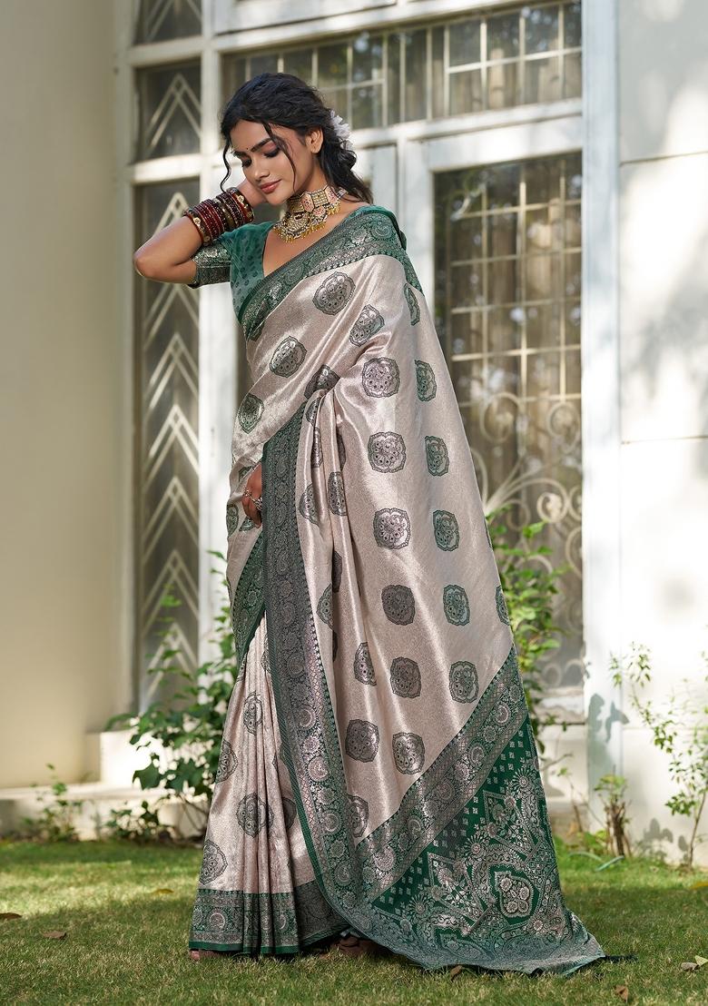 Beige And Dark Green Woven Zari Work Banarasi Silk Saree Set - Indya
