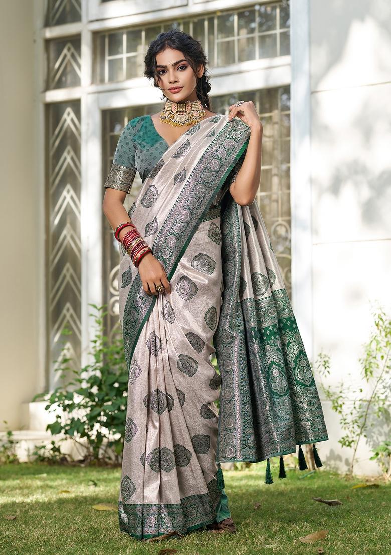 Beige And Dark Green Woven Zari Work Banarasi Silk Saree Set - Indya