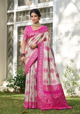 Beige And Magenta Woven Zari Work Banarasi Silk Saree Set