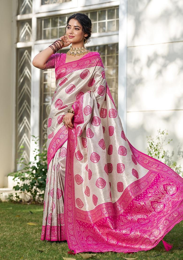 Beige And Magenta Woven Zari Work Banarasi Silk Saree Set - Indya