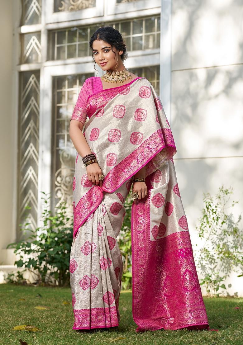 Beige And Magenta Woven Zari Work Banarasi Silk Saree Set - Indya