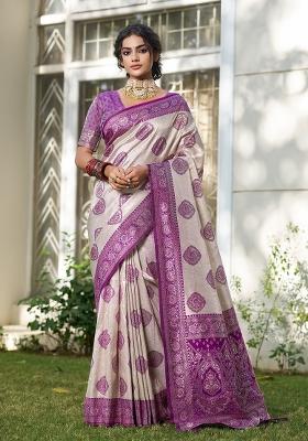 Beige And Purple Woven Zari Work Banarasi Silk Saree Set