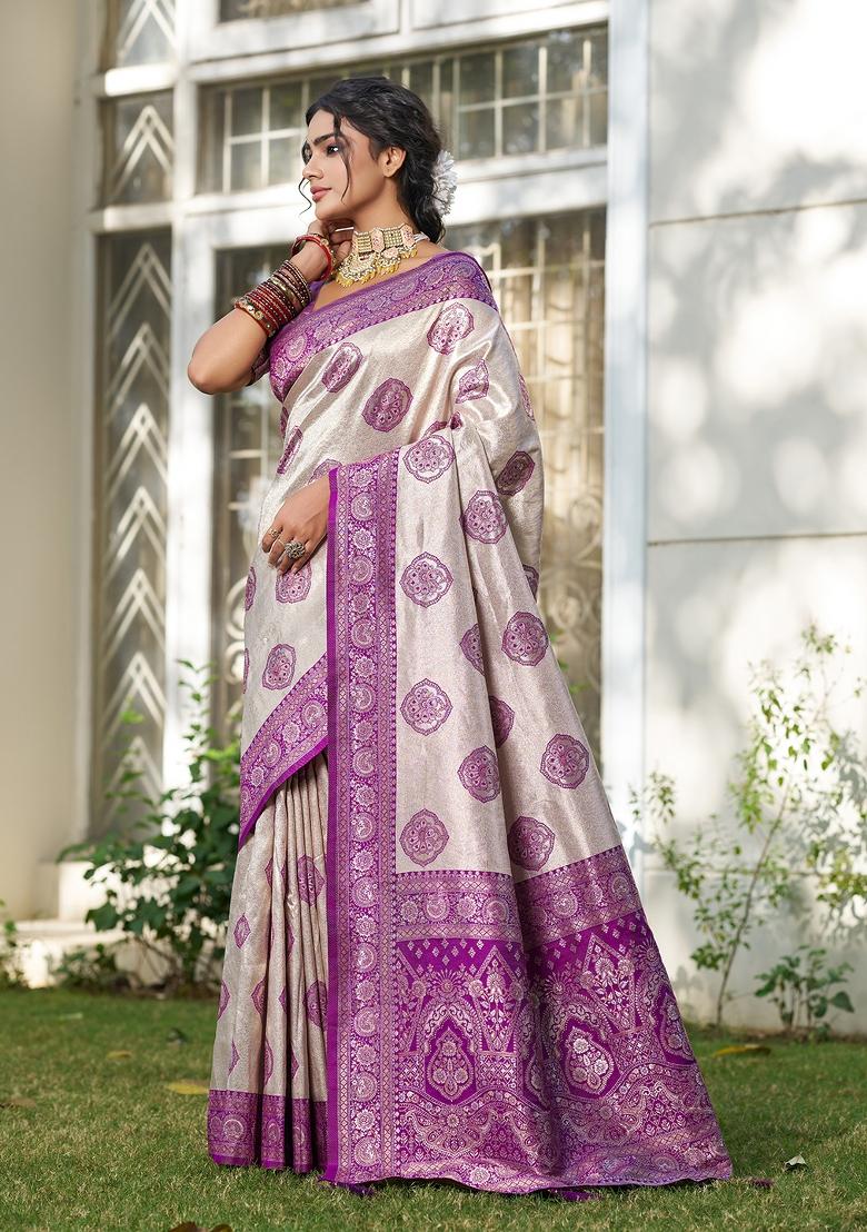 Beige And Purple Woven Zari Work Banarasi Silk Saree Set - Indya