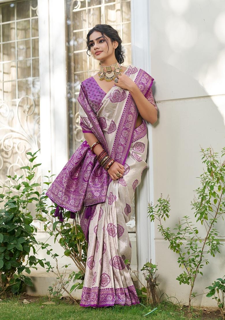 Beige And Purple Woven Zari Work Banarasi Silk Saree Set - Indya