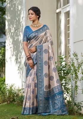Beige And Teal Woven Zari Work Banarasi Silk Saree Set