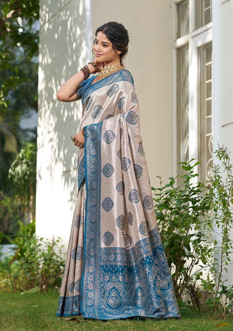 Beige And Teal Woven Zari Work Banarasi Silk Saree Set - Indya