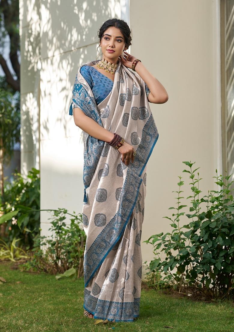 Beige And Teal Woven Zari Work Banarasi Silk Saree Set - Indya
