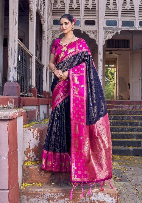 Black Woven Zari Work Kanjivaram Silk Saree Set