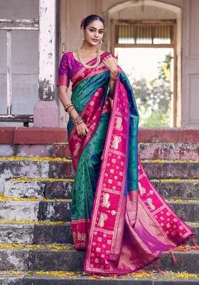 Teal Woven Zari Work Kanjivaram Silk Saree Set