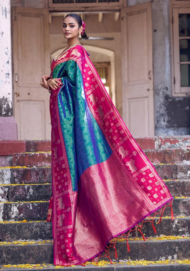 Teal Woven Zari Work Kanjivaram Silk Saree Set - Indya