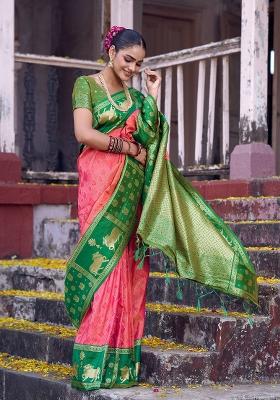 Peach Woven Zari Work Kanjivaram Silk Saree Set
