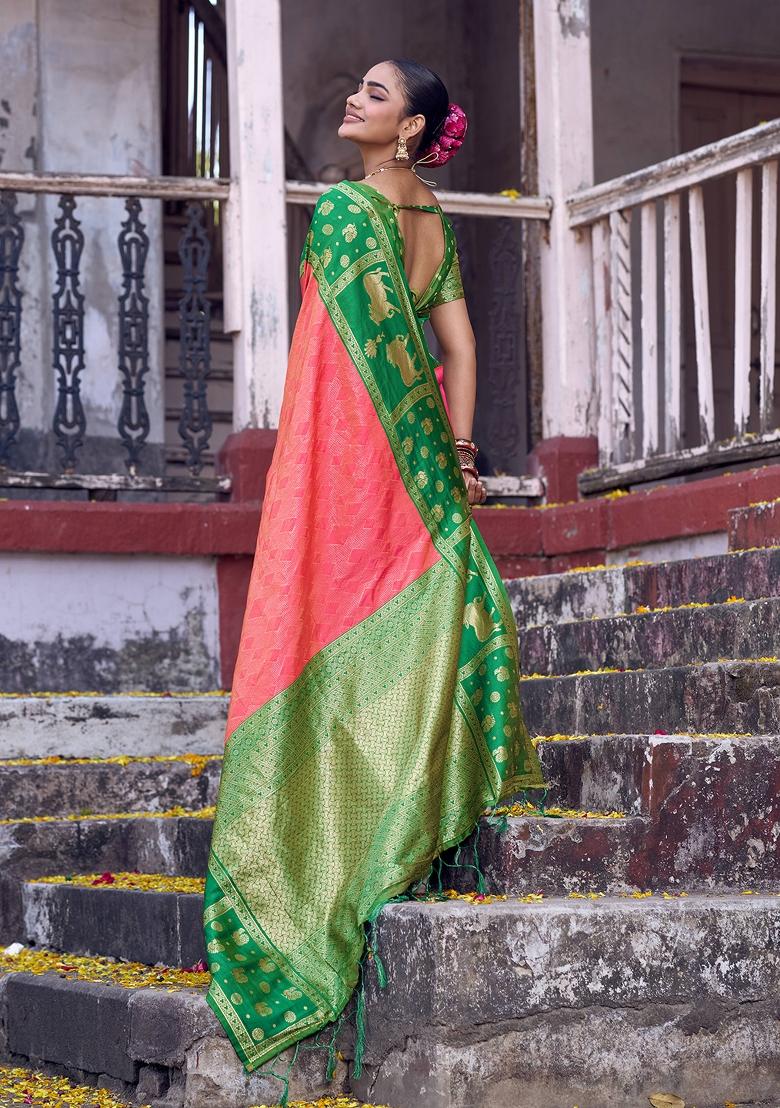 Peach Woven Zari Work Kanjivaram Silk Saree Set - Indya