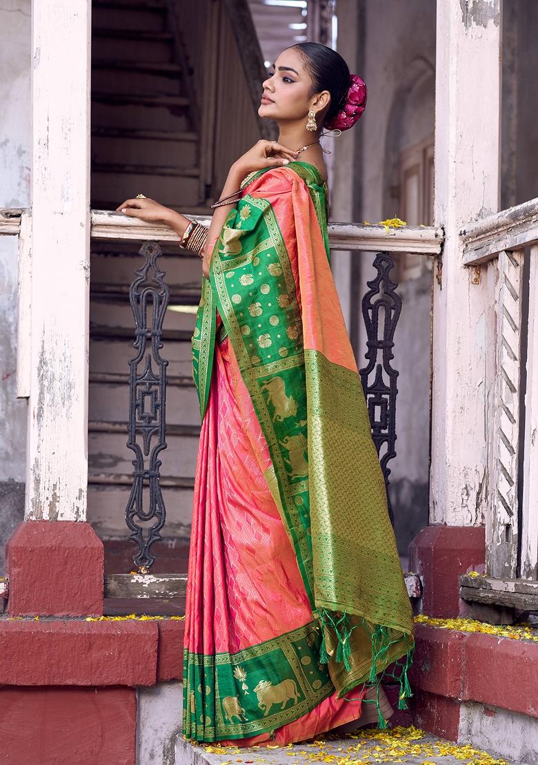Peach Woven Zari Work Kanjivaram Silk Saree Set - Indya