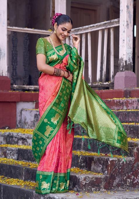 Peach Woven Zari Work Kanjivaram Silk Saree Set — view on Indya