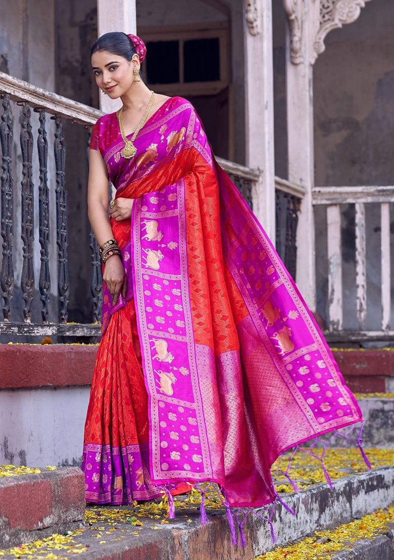 Orange Woven Zari Work Kanjivaram Silk Saree Set - Indya