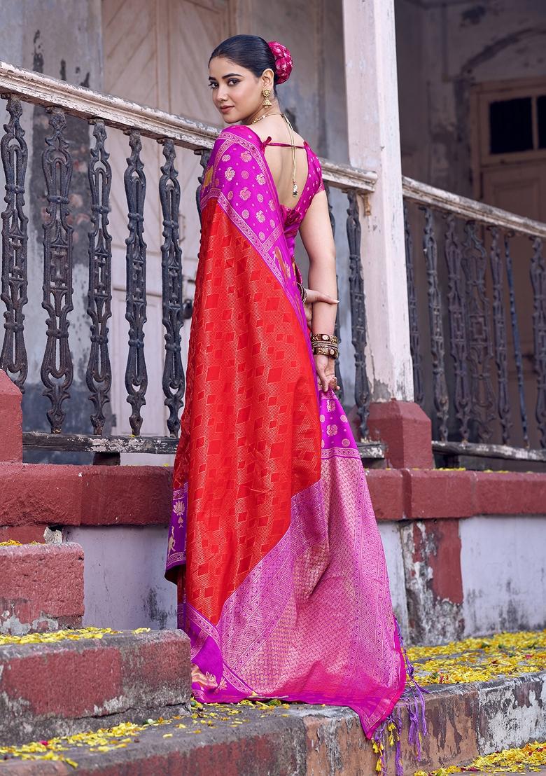 Orange Woven Zari Work Kanjivaram Silk Saree Set - Indya