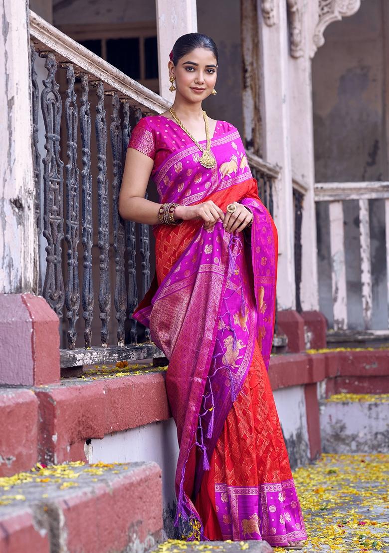 Orange Woven Zari Work Kanjivaram Silk Saree Set - Indya