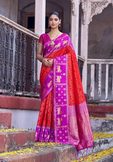 Orange Woven Zari Work Kanjivaram Silk Saree Set — view on Indya