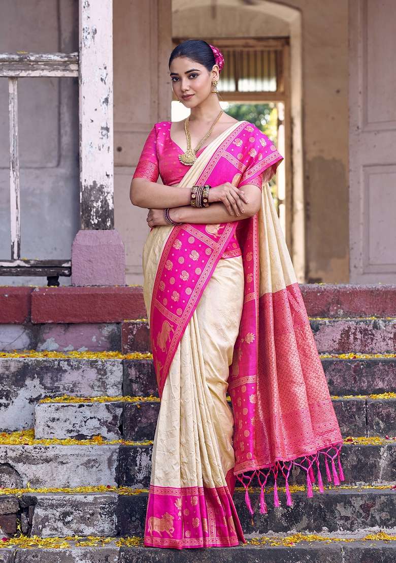 Cream Woven Kanjivaram Silk Blend Saree Set with Zari Work for Diwali | Wedding & Festive Wear - Indya
