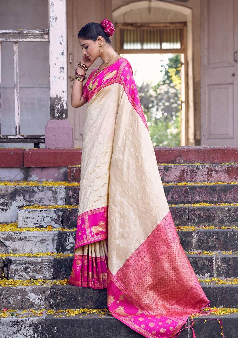 Cream Woven Zari Work Kanjivaram Silk Saree Set - Indya