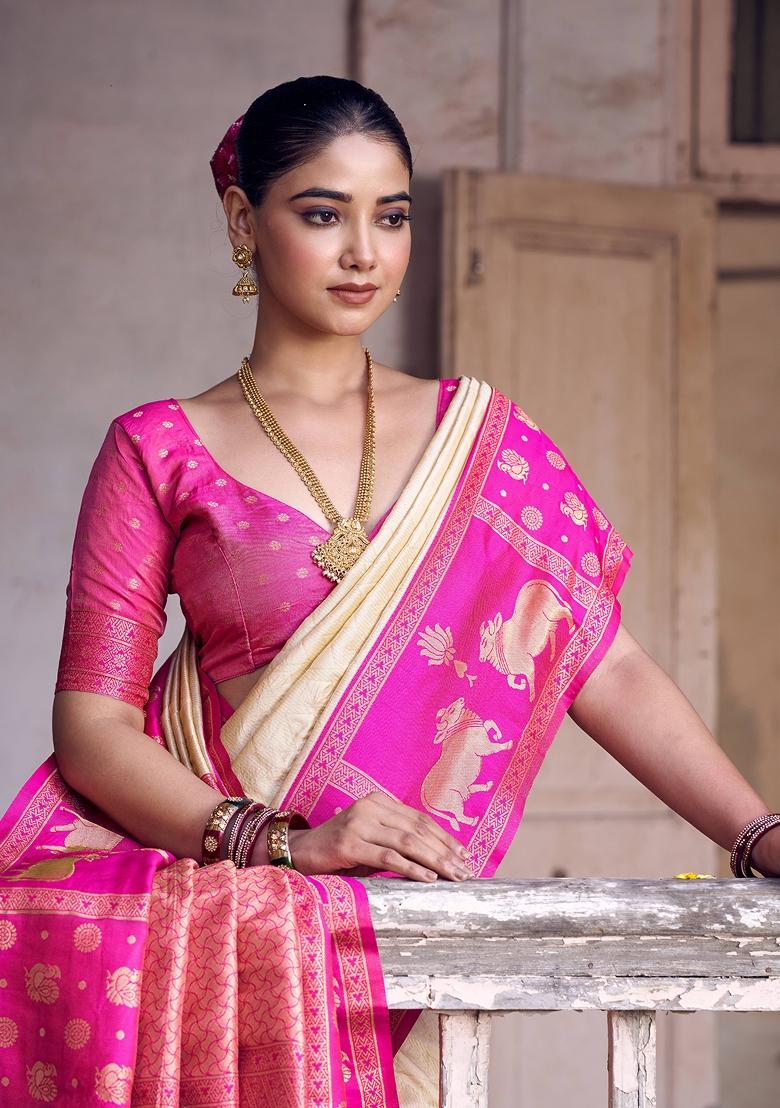 Cream Woven Zari Work Kanjivaram Silk Saree Set - Indya
