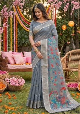 Grey Woven Zari Work Poly Cotton Saree Set