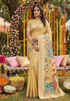 Yellow Woven Zari Work Poly Cotton Saree Set