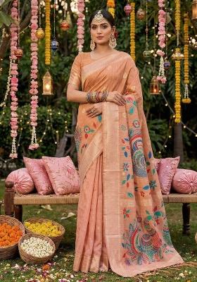 Peach Woven Zari Work Poly Cotton Saree Set
