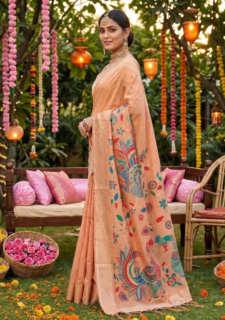 Peach Woven Zari Work Poly Cotton Saree Set - Indya