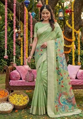 Light Green Woven Zari Work Poly Cotton Saree Set