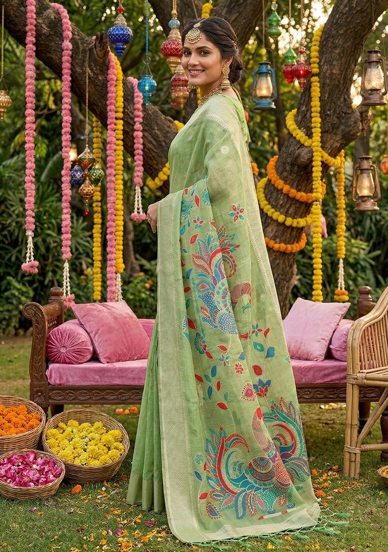 Light Green Woven Zari Work Poly Cotton Saree Set - Indya