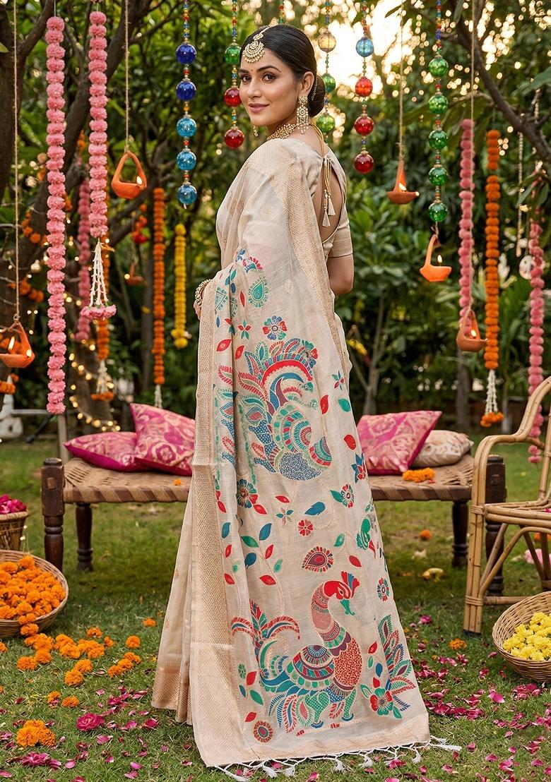 Off White Woven Zari Work Poly Cotton Saree Set - Indya