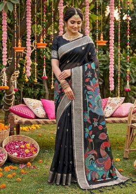 Black Woven Zari Work Poly Cotton Saree Set