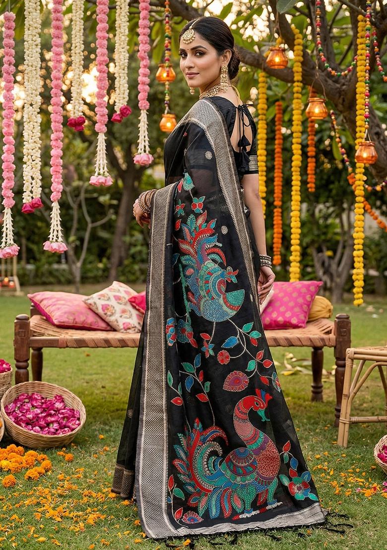 Black Woven Zari Work Poly Cotton Saree Set - Indya