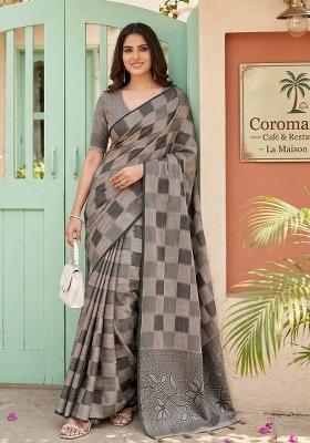 Brown Woven Zari Work Poly Cotton Saree Set