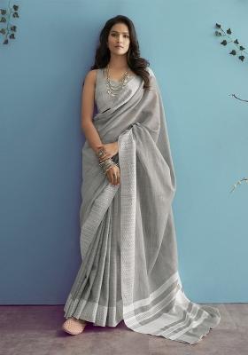 Grey Woven Zari Work Poly Cotton Saree Set